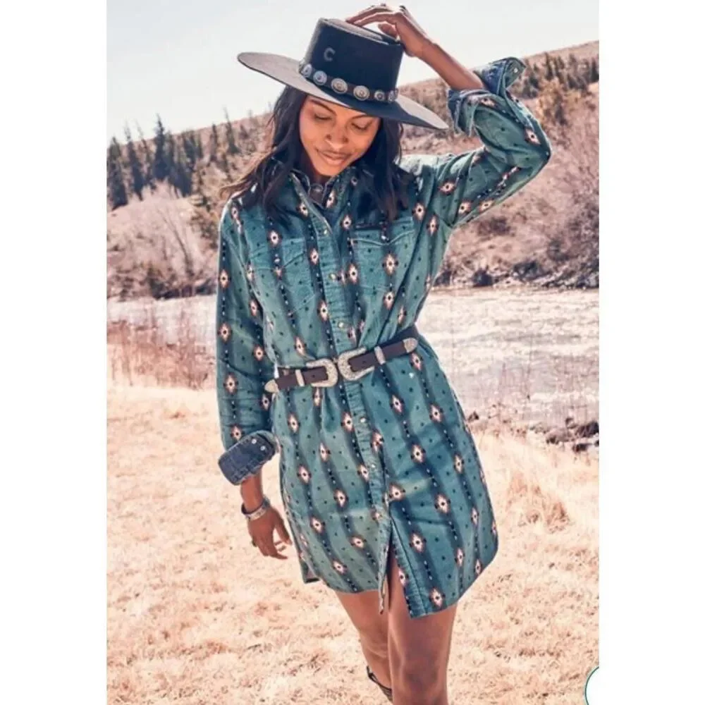 Wrangler NWT retro blue teal checotah corduroy dress size Large - Picture 1 of 9